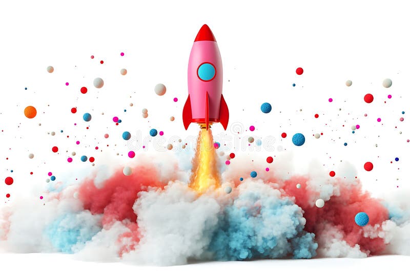 Pink Rocket Launching through Colorful Smoand Balls 3D Render vektor illustrationer