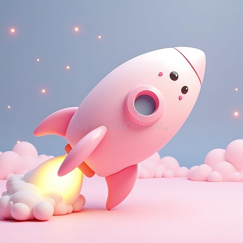 Pink Rocket Launching : Ett Cute 3D-renderat utrymmesäventyr royaltyfri illustrationer