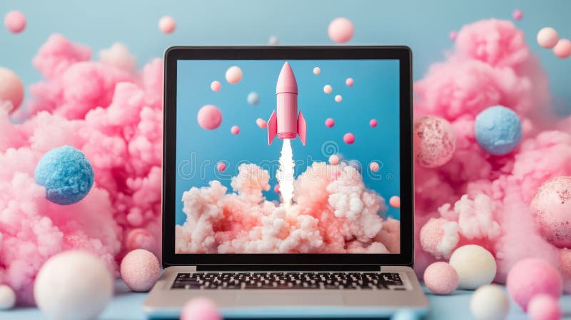 Pink Rocket Launching from Laptop into Dreamy Pastel Clouds Business Startup and Success Concept royaltyfri illustrationer