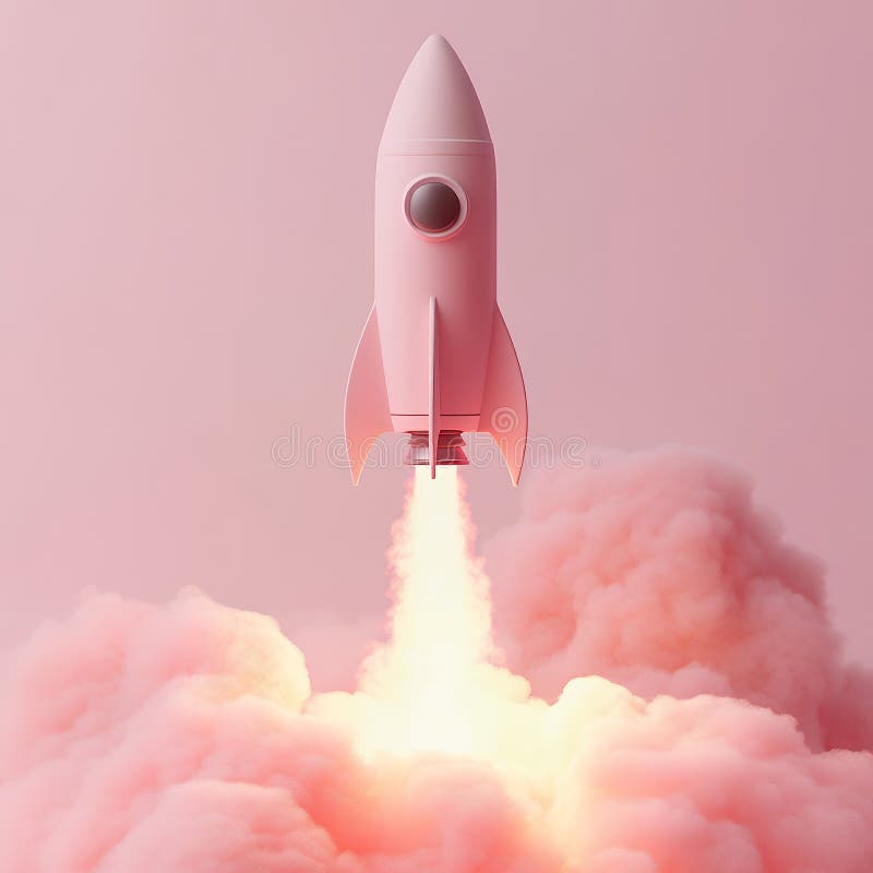 Pink Rocket Launching through Pastel Clouds New Beginnings Startup Concept stock illustrationer