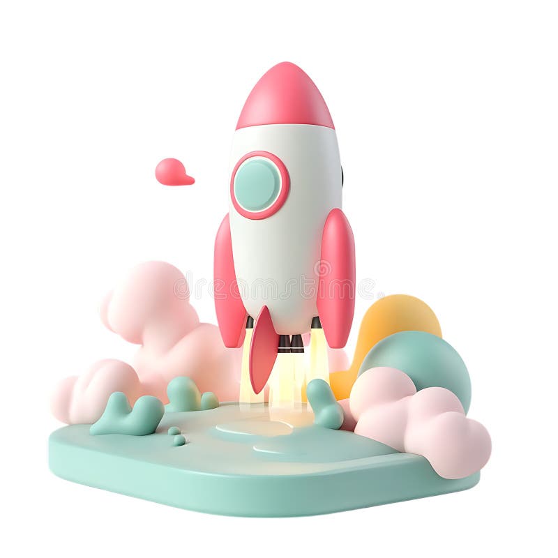 Pink Rocket Launching Whimsical 3D Render for Kids mot transparent bakgrund stock illustrationer