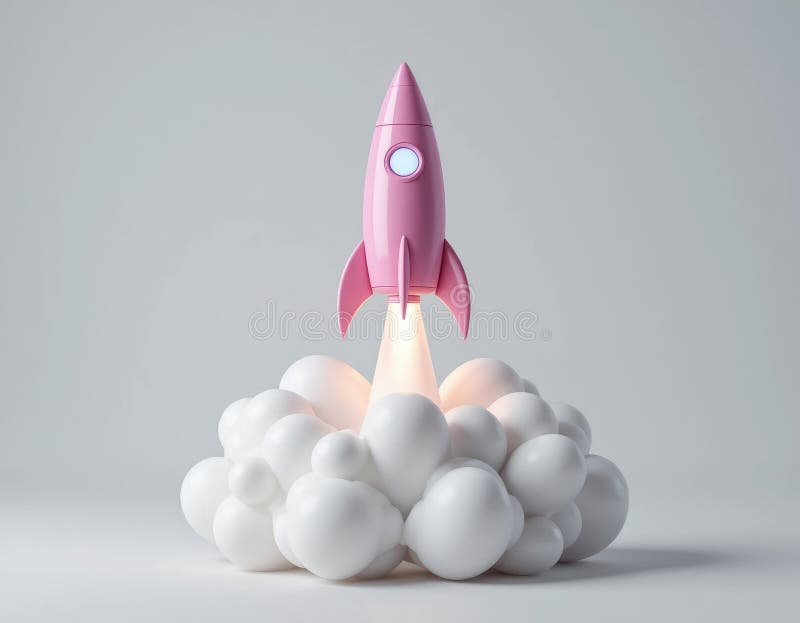 Rosa raket skjuts upp med vit rök på grå bakgrund för startups vektor illustrationer