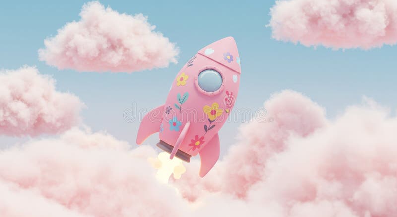Rosa Raket som Startar Genom Fluffiga Moln En fantasifull rosa raket prydd med blommönster stiger upp genom bomull stock illustrationer