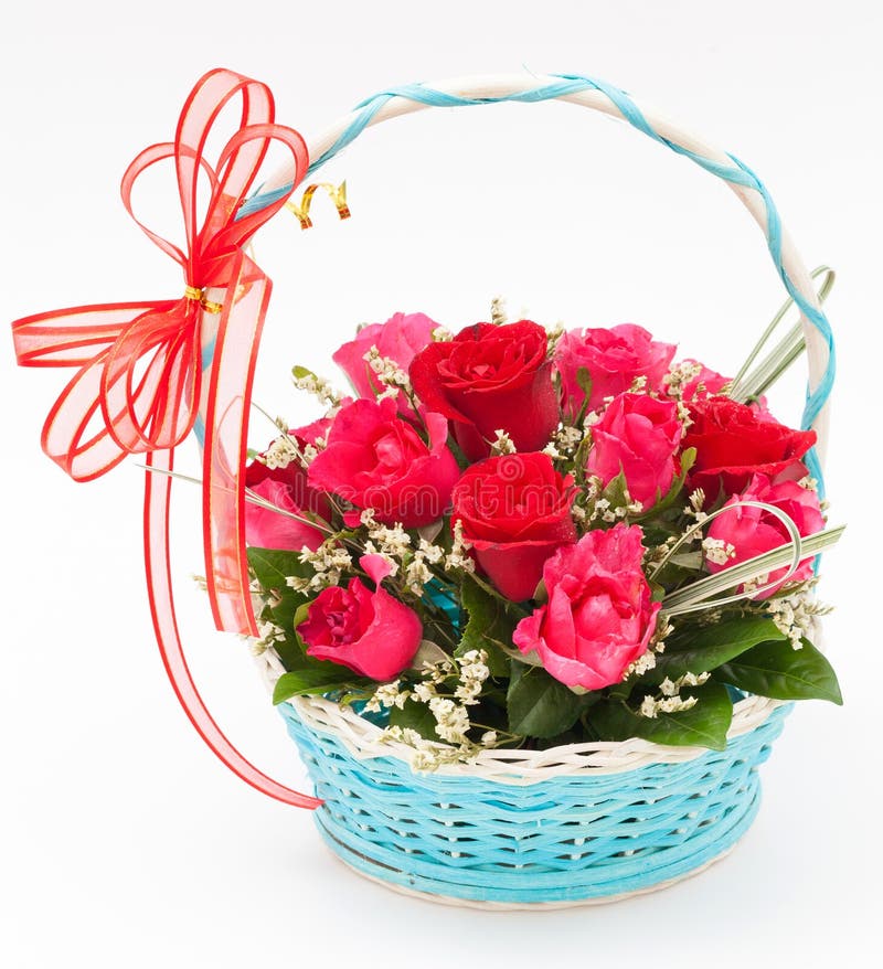 Bouquet of Pink Roses in Basket Stock Image Image of floristics