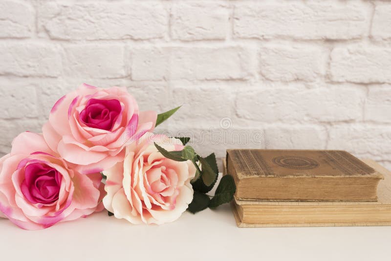 Pink Rose Mock Up. Styled Stock Photography. Floral Frame, Styled Wall Mock Up. Rose Flower Mockup, Old Books, Valentine Mothers D royalty free stock photography Pink Rose Mock Up. Styled Stock Photography. Floral Frame, Styled Wall Mock Up. Rose Flower Mockup, Old Books, Valentine Mothers D royalty free stock photography