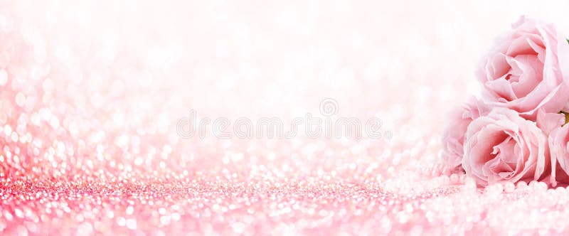 Pink roses bouquet and pearls on abstract blur pastel background. Wedding flowers and bright bokeh glitter backdrop. Wedding, bridal, valentines and mothers day celebration design