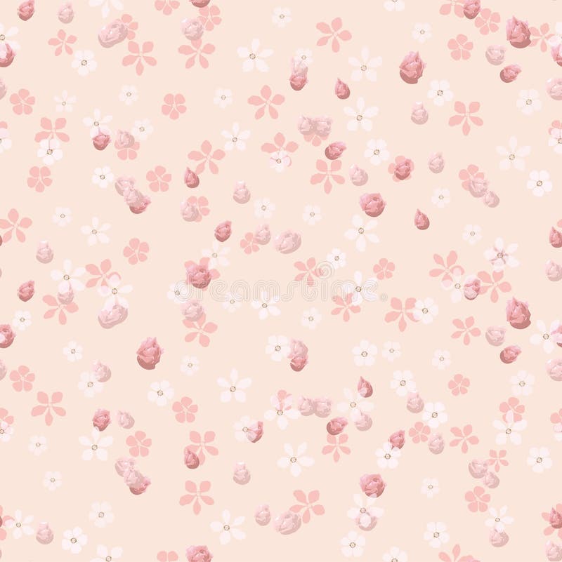 Pink roses buds and small white flowers on coral background.