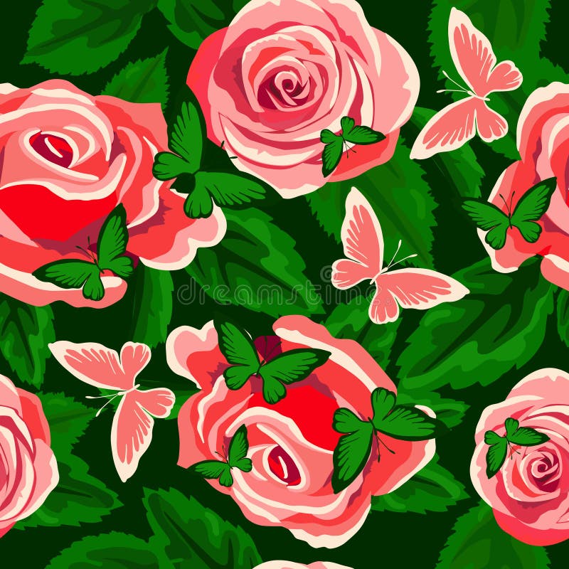 Pink Roses And Petals Seamless Pattern Vector Illustration Stock