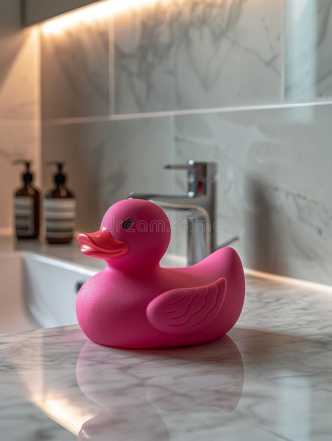 Pink Rubber Duck on a Marble Countertop in Modern Bathroom. Stock Photo ...