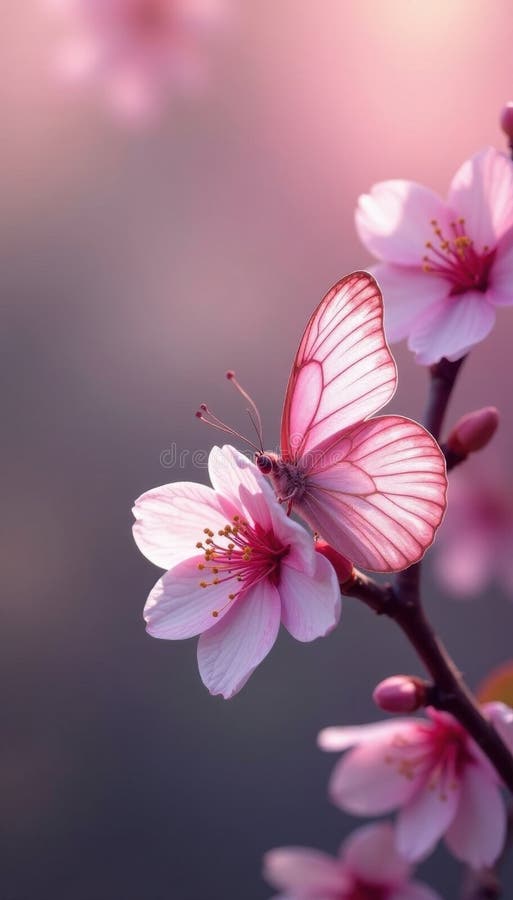 Pink sakura blåser ömtåliga fjärilsvansar natur Makrokörsbär stock illustrationer