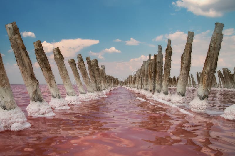 Very beautiful landscape with pink lake and blue sky with clouds.