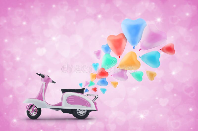 Pink scooter toy with colorful heart love balloon on light pink vector illustration Pink scooter toy with colorful heart love balloon on light pink vector illustration