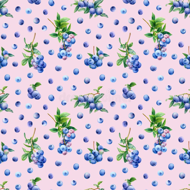 Pink seamless pattern, berry background, blueberries branches watercolor, botanical illustration