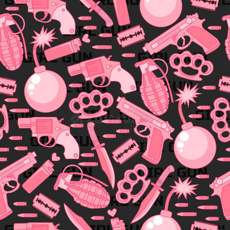 Pink seamless pattern with bomb, gun, revolver, knuckles, razor, pomegranate, knife, lighter and bullets. Girl power. Feminist background wih weapons in style pop art.