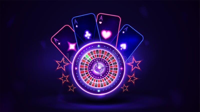Pink shine neon Casino Roulette wheel with playing cards in dark empty scene.