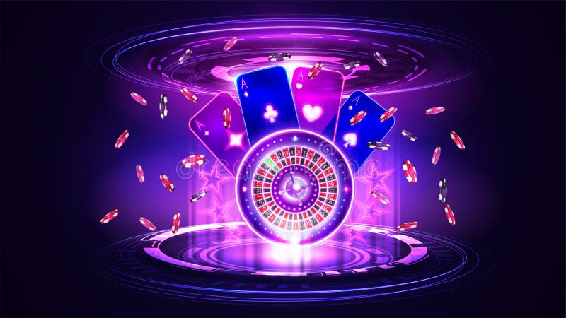 Pink shine neon Casino Roulette wheel with playing cards, poker chips and hologram of digital rings in dark empty scene.