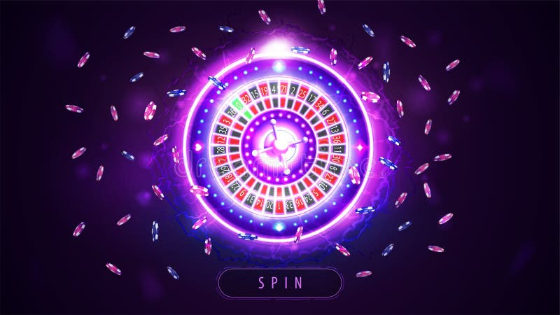 Pink shine neon Casino Roulette wheel and poker chips in hologram style, banner with button for your arts.