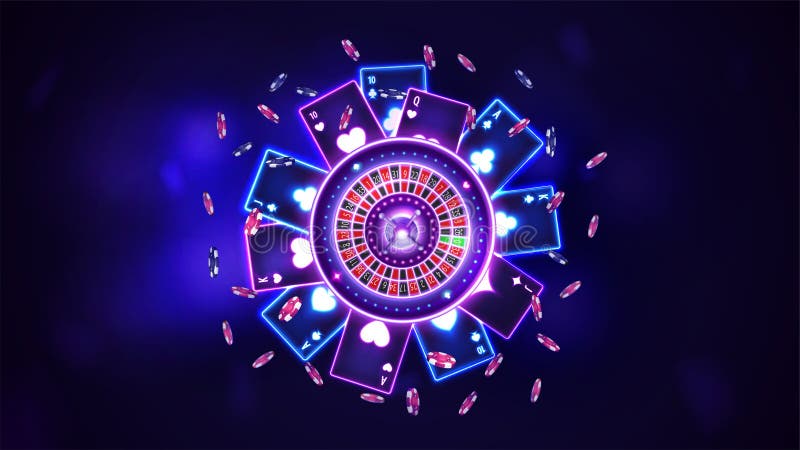 Pink shine neon Casino Roulette wheel with poker chips and playing cards in dark empty scene, top view. Background for your arts.
