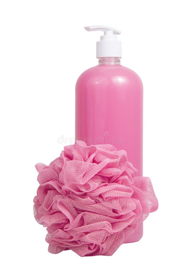 Pink Shower Gel Bottle and Sponge for Bath Isolated on the White