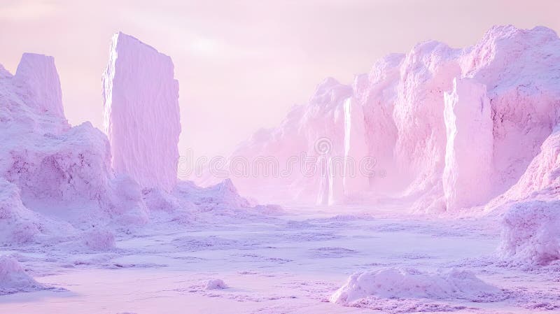 Pink Snowy Landscape with Geometric Cubic Cliffs and Mist Background Textured Terrain with Pixelated Grids in Winter Abstract vector illustration