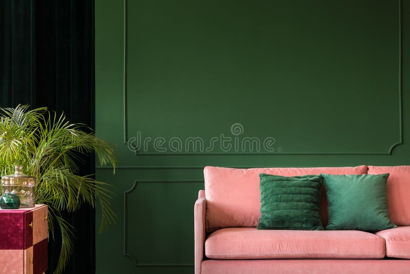 Pink Sofa in Front of Green Wall Stock Photo Image of green, stylish