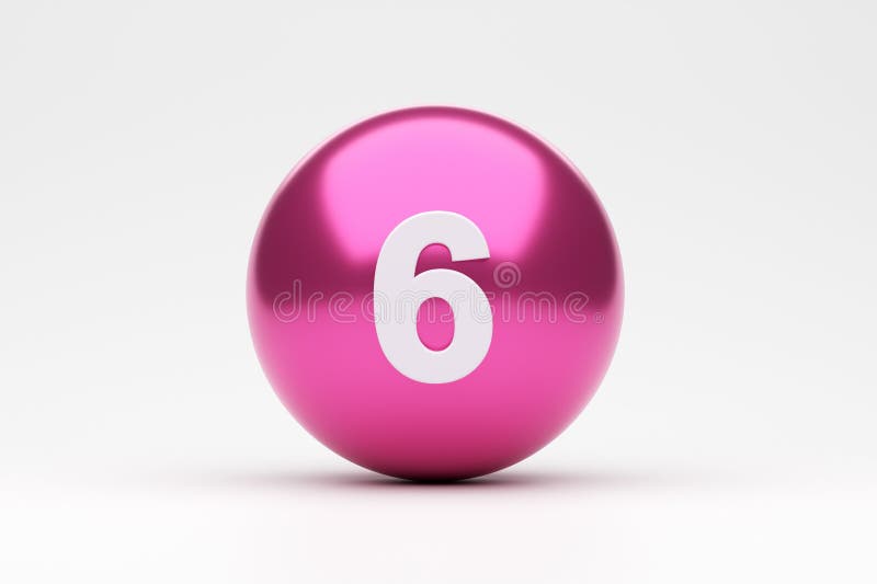 Pink sphere showing number six on white background stock illustration