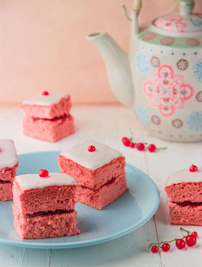 Pink sponge cake with jam stock photo. Image of pink 57826096