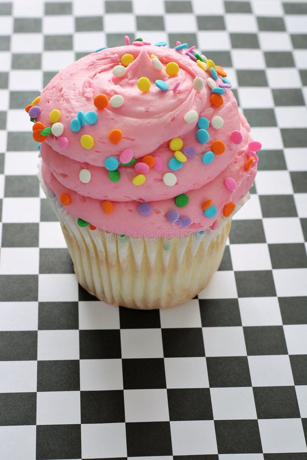 Pink Sprinkle Cupcake on Checkered Background Stock Image Image of