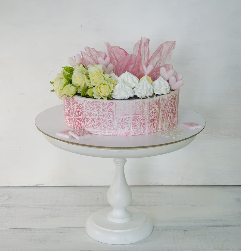 Pink Stencil Cake with Roses and Merengue for Anniversary Stock Photo