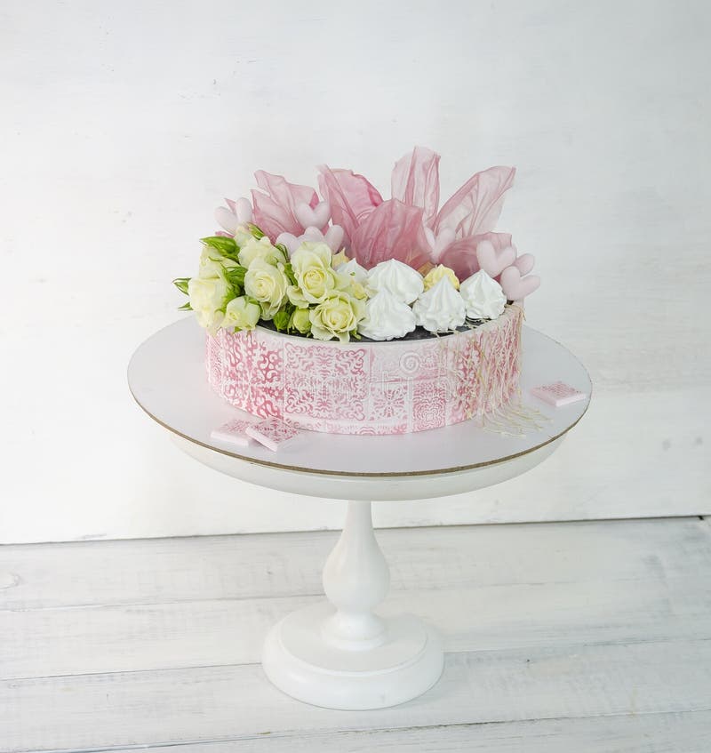 Pink Stencil Cake with Roses and Merengue for Anniversary Stock Image