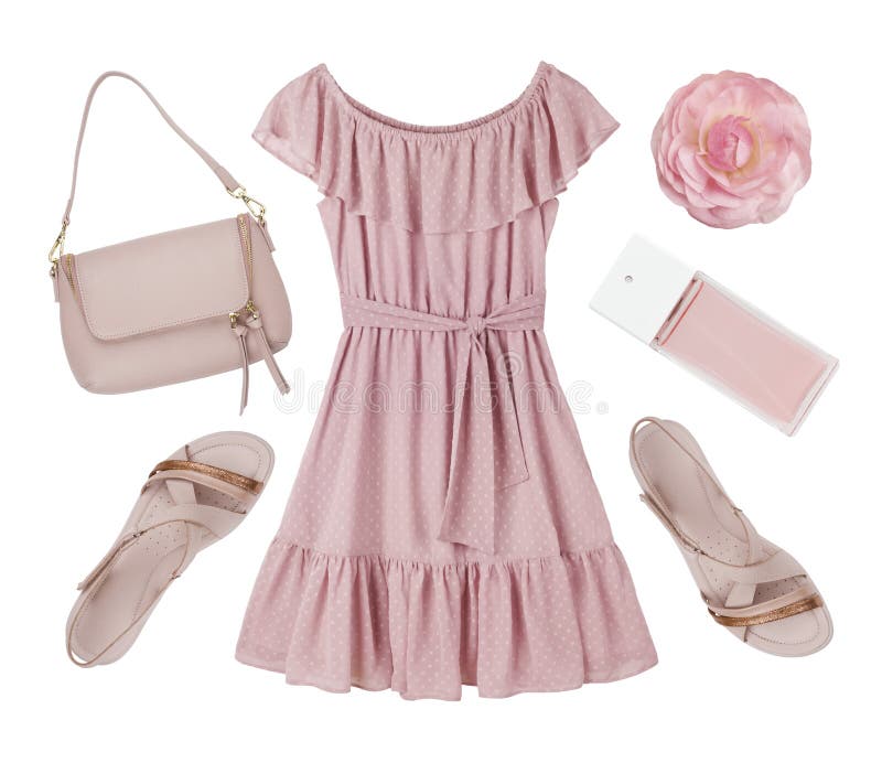 Pink summer dress, shoes and accessories collage isolated on white royalty free stock photos Pink summer dress, shoes and accessories collage isolated on white royalty free stock photos