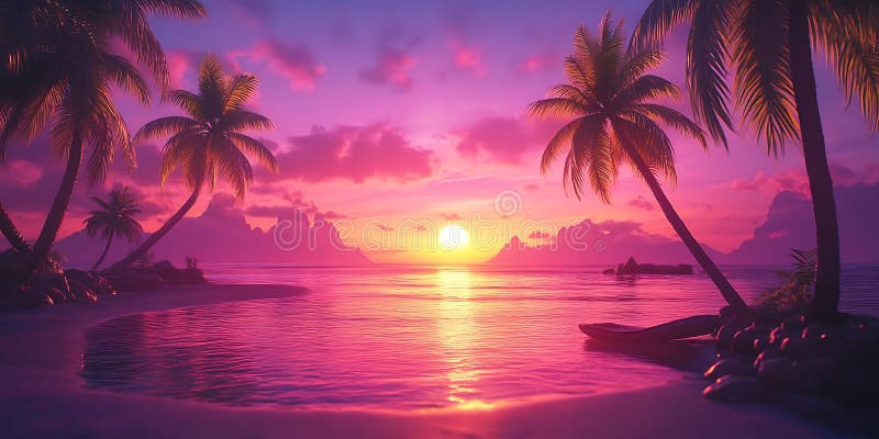 Pink Sunset Beach Palm Trees Landscape stock illustration