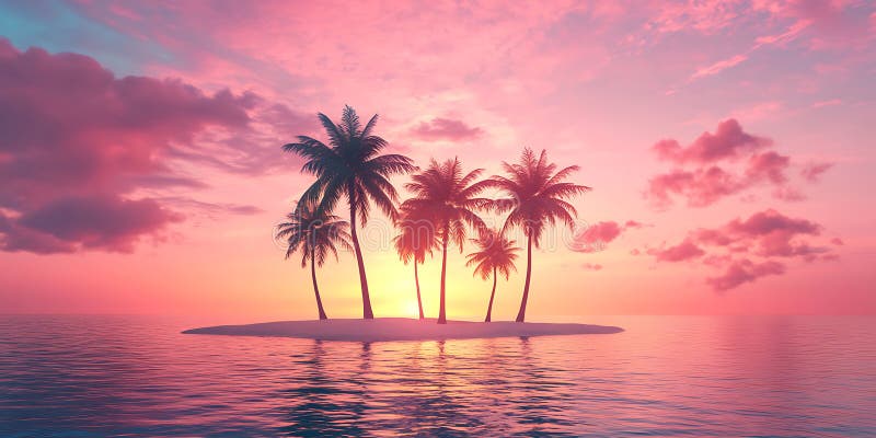 Pink Sunset Beach Tropical Island Paradise stock illustration