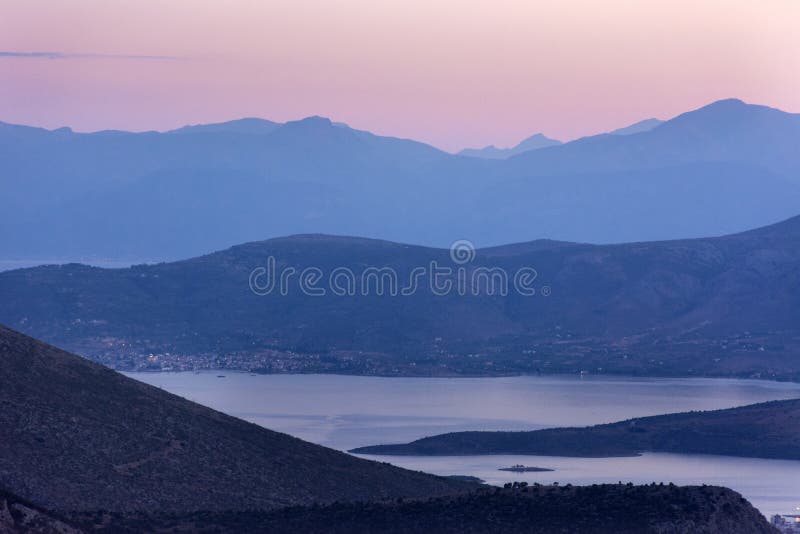 Pink sunset over mountains, Delphi, Greece stock images Pink sunset over mountains, Delphi, Greece stock images