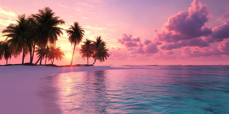 Pink Sunset Tropical Beach Landscape vector illustration
