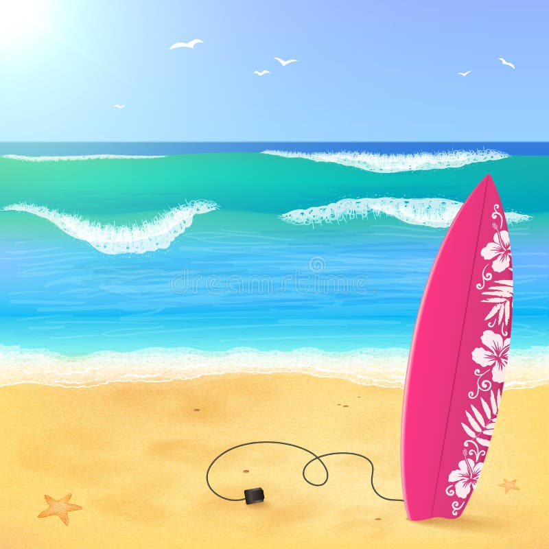 Pink Surfing Board on the Beach with Waves Stock Vector - Illustration ...