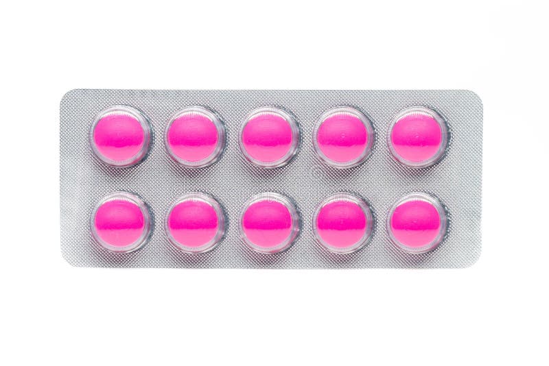 Pink Tablets Pills in Blister Pack Isolated on White Background. Stock
