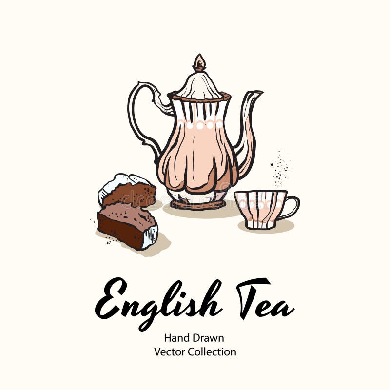 Pink teapot, cup and cupcake hand drawn vector illustration in old style for cafe menu, logo, banner, flayer