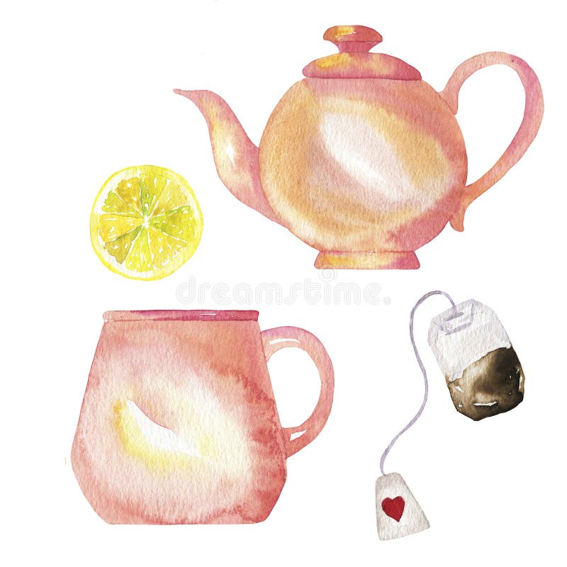 Pink cup and teapot with heart. Watercolor set of elements for Valentine's  day. Scrapbook design elements. Typography poster, card, label, banner  design set Stock Photo - Alamy