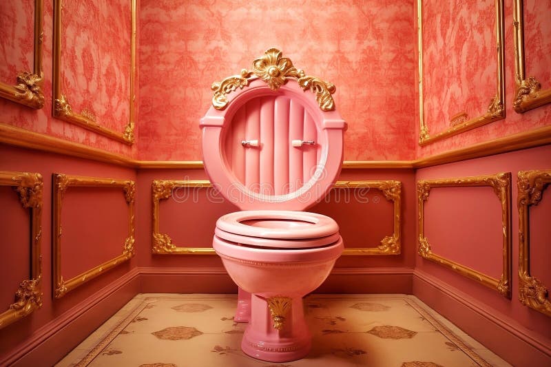 Pink Toilet in a Room with Red Wallpaper Stock Illustration