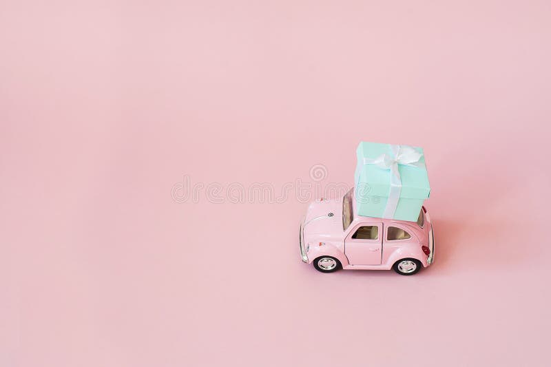 Red Toy Car Delivering Bouquet Pink Stock Photo 1485602354