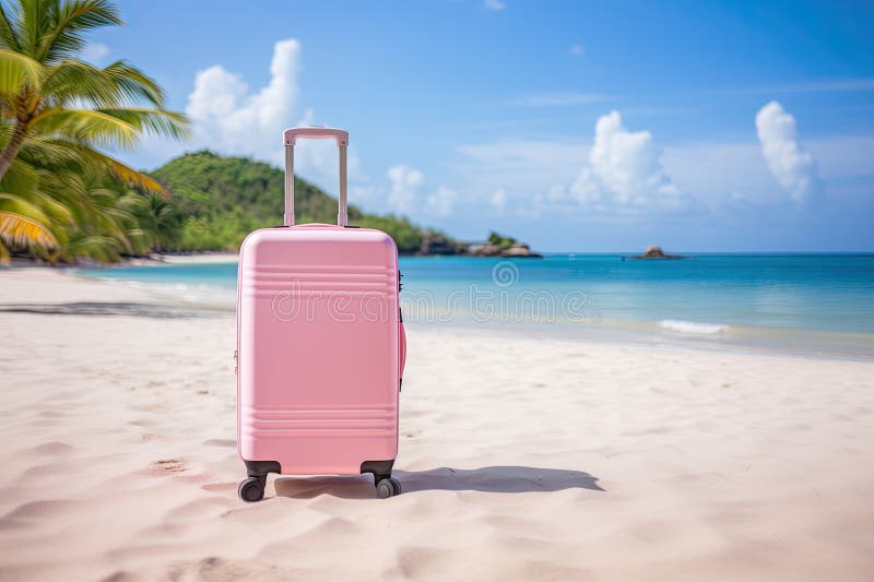 pink travel suitcase on tropical beach AI generated stock images