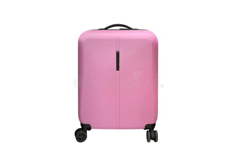 pink travel suitcase with wheels for travel isolated on white background stock photos