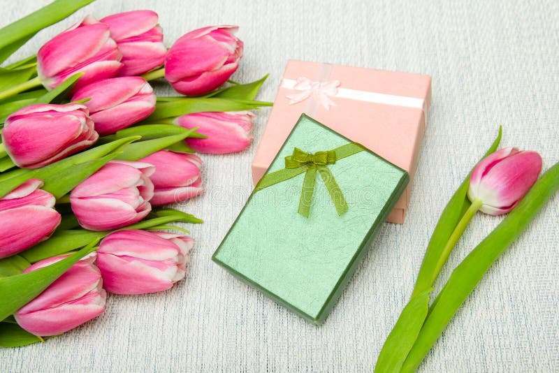 Pink Tulip Bouquet and Small Gifts Stock Photo Image of colorful, decoration 118882448
