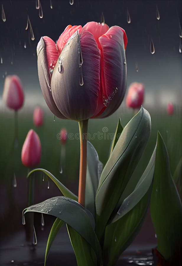 Pink Tulip in the Rain, in the Background a Large Field of Tulips. AI