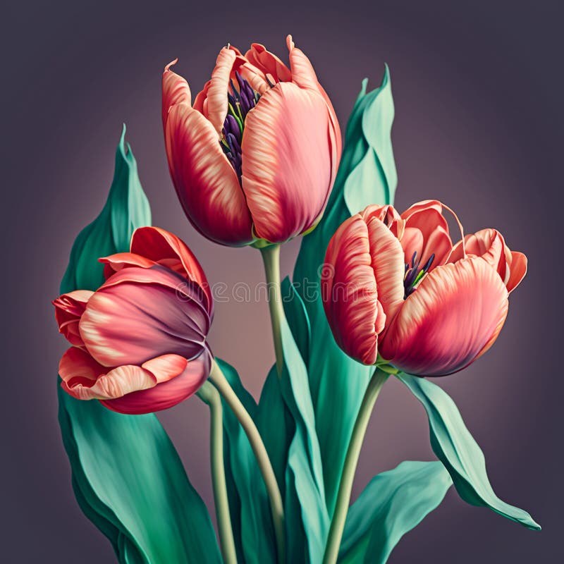 Pink tulips bouquet with green leaves. Fresh flowers on grey background