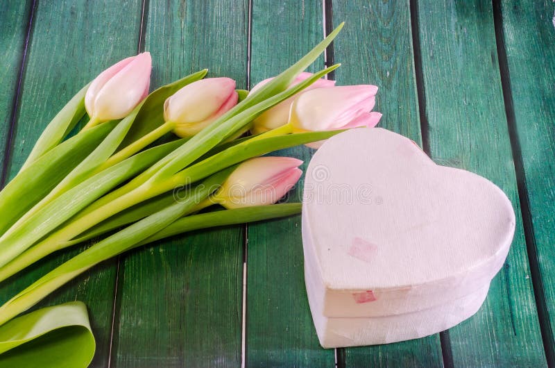 Pink tulips flowers and heart shape gift box, genus Tulipa, family Liliaceae on green bokeh background, close up