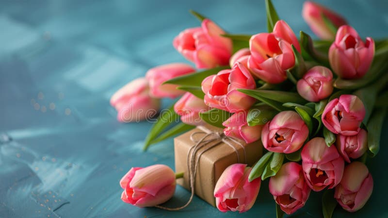 Pink Tulips Next to Present stock images