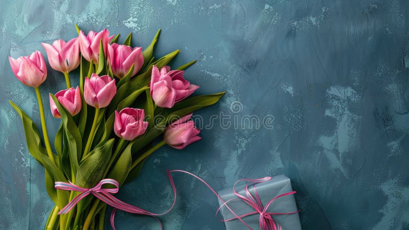 Pink Tulips Next to Present royalty free stock images