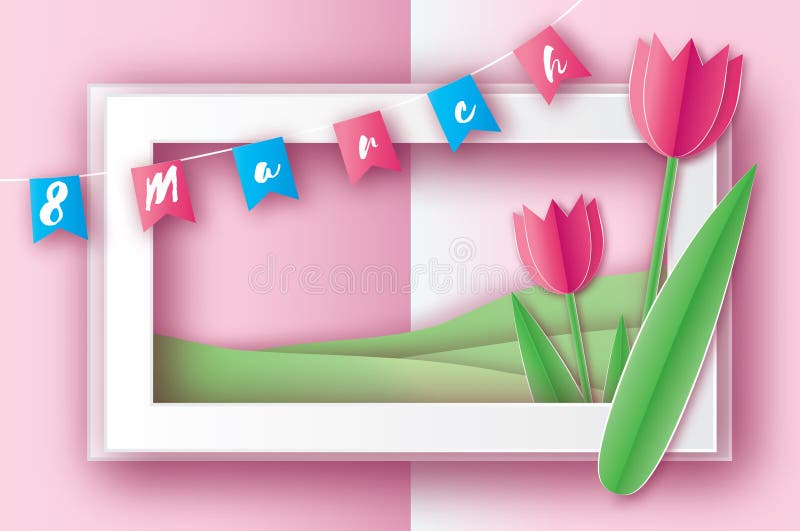 Pink Tulips. Paper cut flower. 8 March. Women`s Day. Rectangle frame